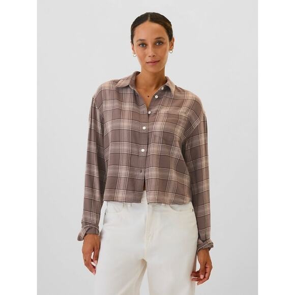 GAP Brown Plaid Cropped Flannel Button Down Shirt XXL Soft Casual Fall - Picture 1 of 10